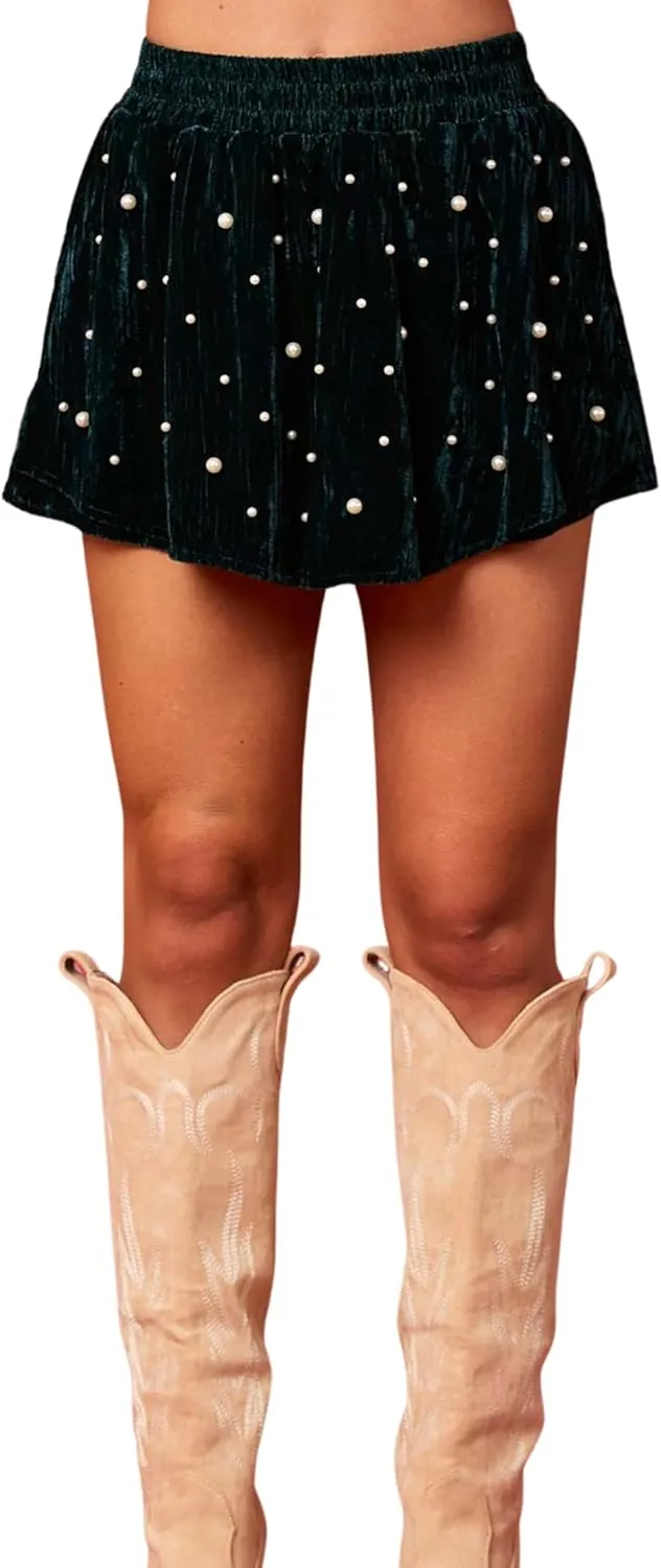 BAIMORE Women's Fashion Velvet Elastic High Waist Pearl Studded Pleated A Line Flowy Mini Skirt