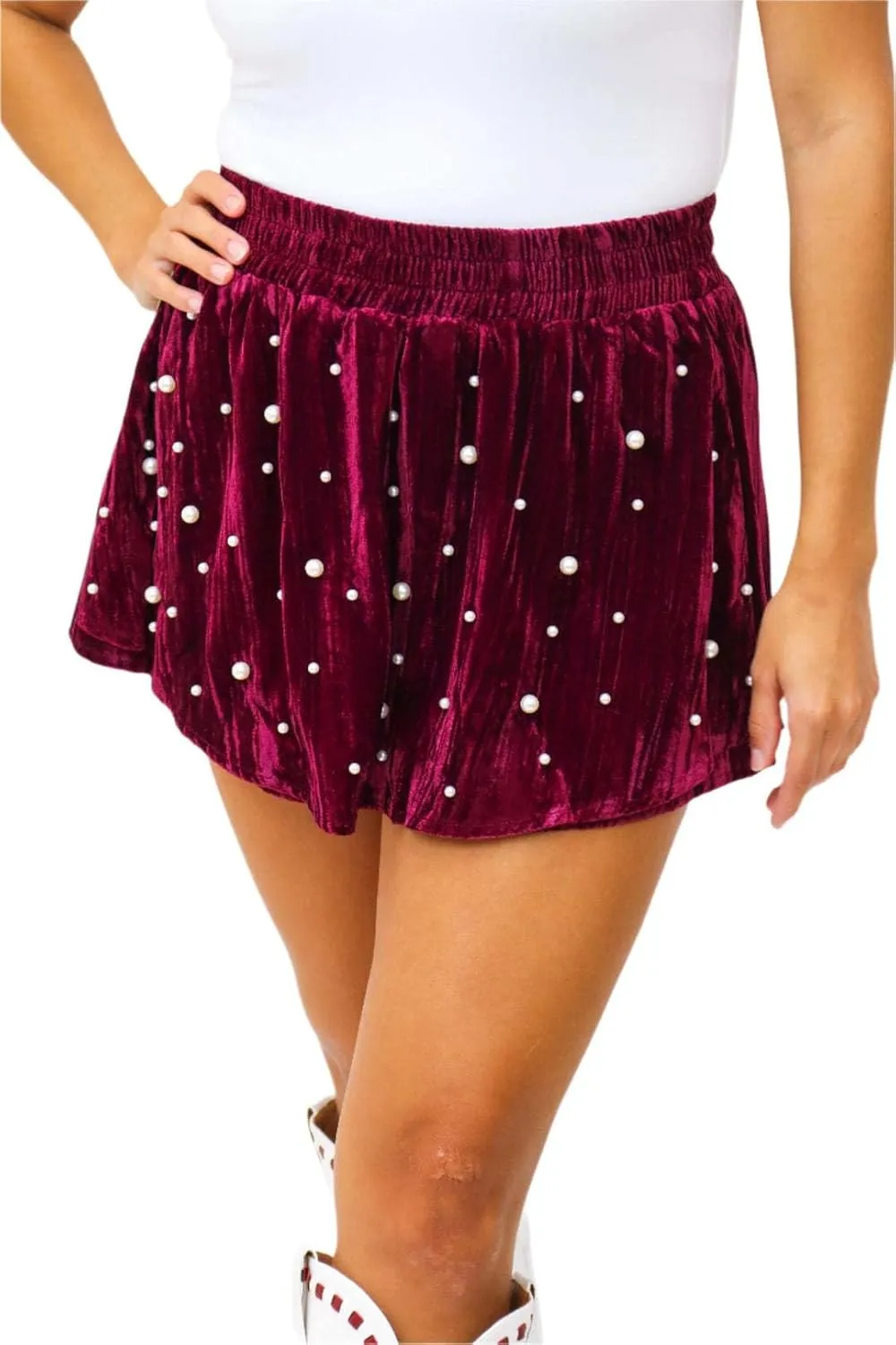 BAIMORE Women's Fashion Velvet Elastic High Waist Pearl Studded Pleated A Line Flowy Mini Skirt