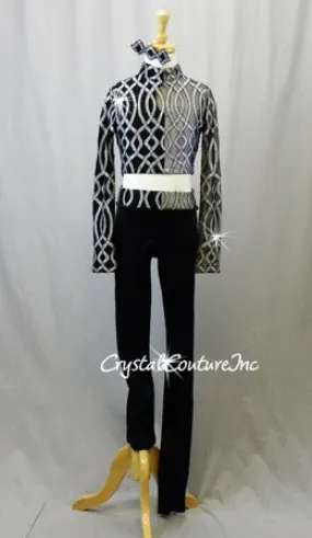 Black/Silver Patterned Mesh Top with Black Leggings - Swarovski Rhinestones