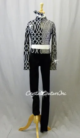 Black/Silver Patterned Mesh Top with Black Leggings - Swarovski Rhinestones