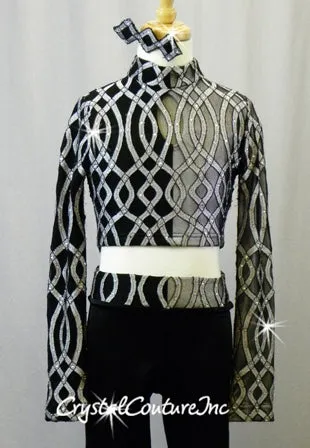 Black/Silver Patterned Mesh Top with Black Leggings - Swarovski Rhinestones