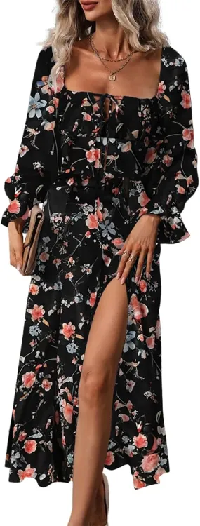 BLENCOT Casual Women's Square Neck Long Sleeve Split Thigh Dress Boho Floral Print A-line Tie Front Midi Dresses