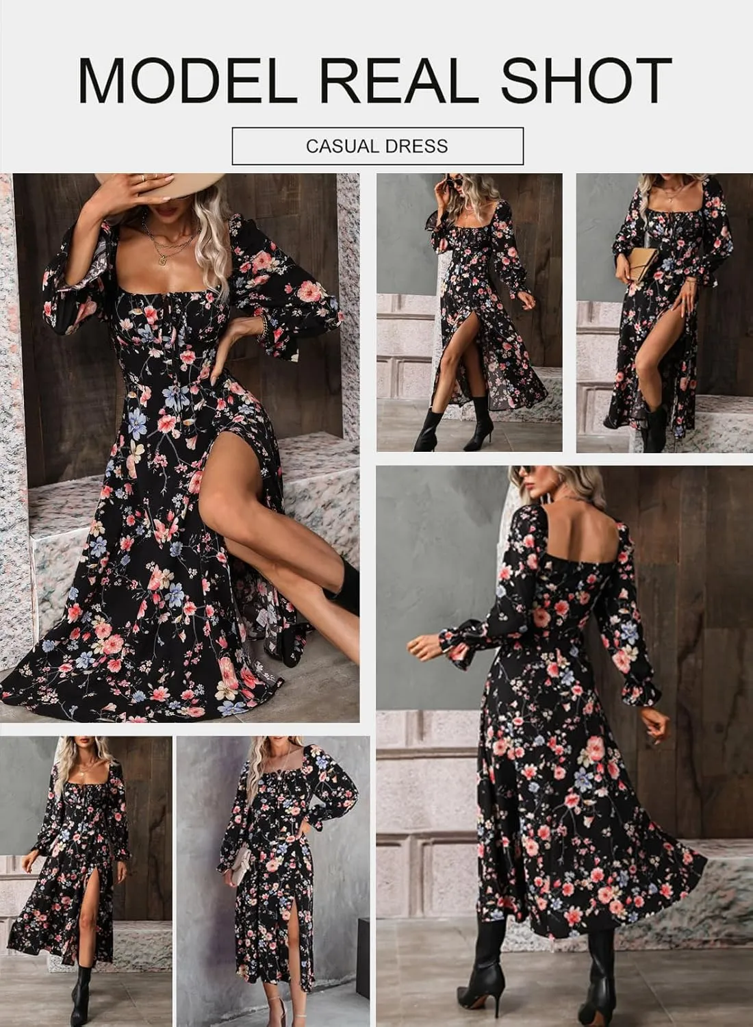 BLENCOT Casual Women's Square Neck Long Sleeve Split Thigh Dress Boho Floral Print A-line Tie Front Midi Dresses