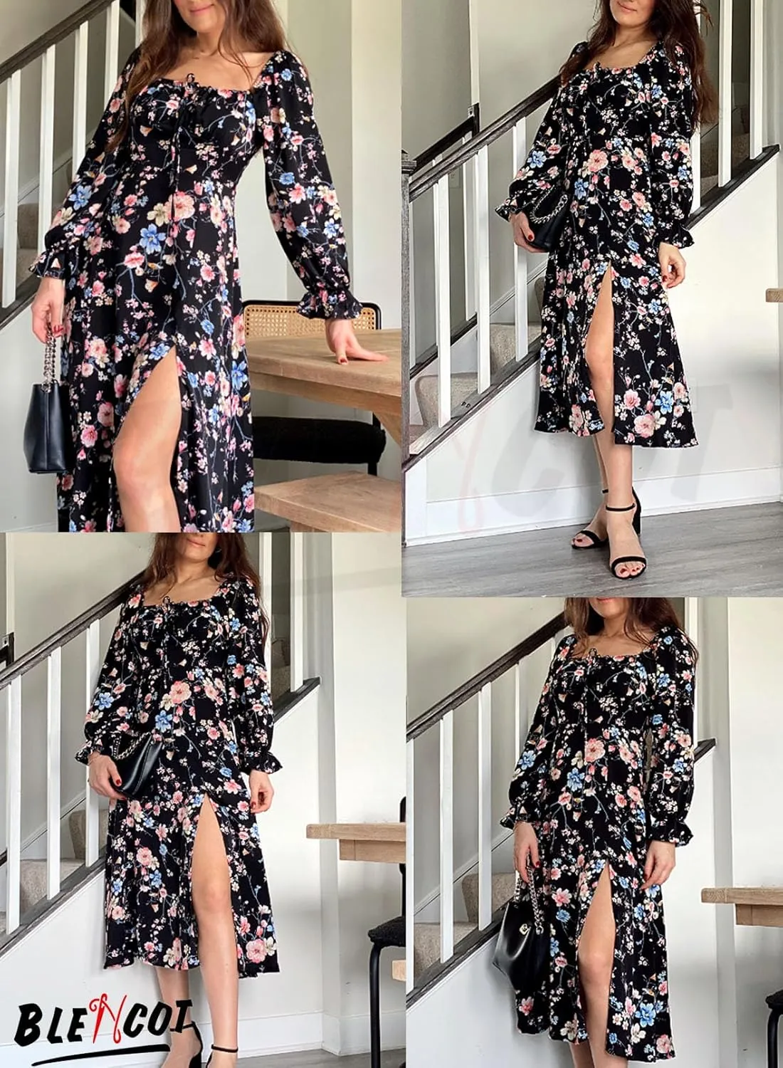 BLENCOT Casual Women's Square Neck Long Sleeve Split Thigh Dress Boho Floral Print A-line Tie Front Midi Dresses