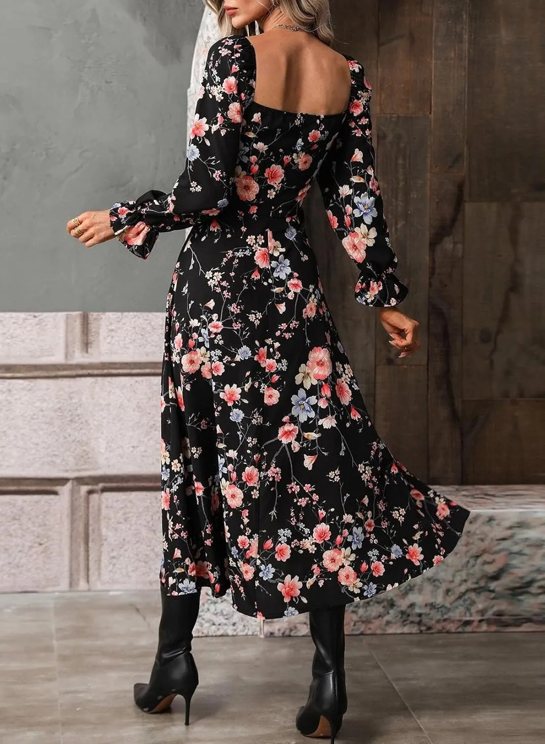 BLENCOT Casual Women's Square Neck Long Sleeve Split Thigh Dress Boho Floral Print A-line Tie Front Midi Dresses