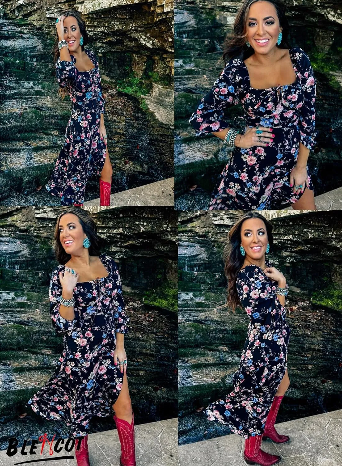 BLENCOT Casual Women's Square Neck Long Sleeve Split Thigh Dress Boho Floral Print A-line Tie Front Midi Dresses
