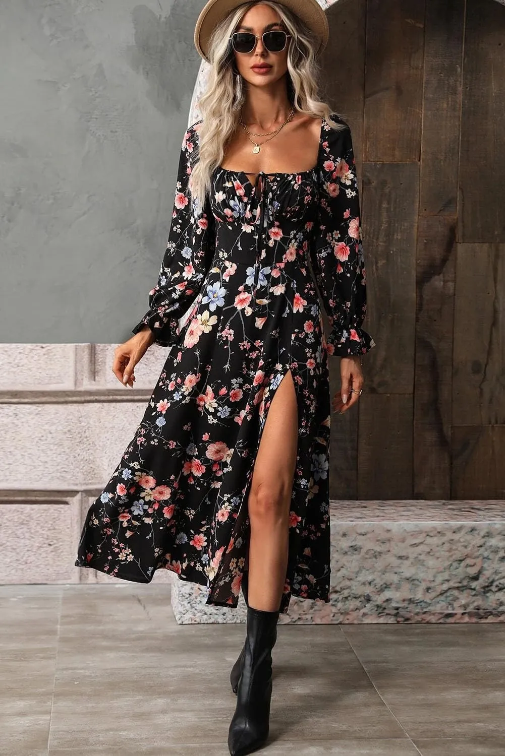 BLENCOT Casual Women's Square Neck Long Sleeve Split Thigh Dress Boho Floral Print A-line Tie Front Midi Dresses