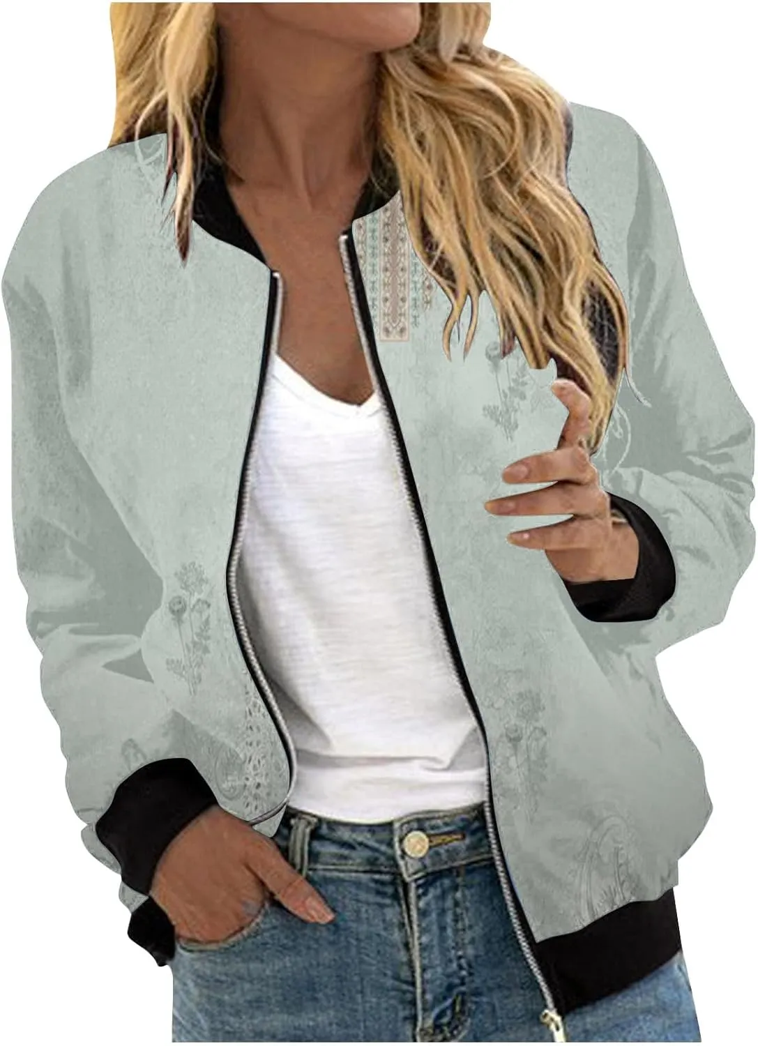 Bomber Jackets for Women 2024 Lightweight Casual Zip Up Stand Collar Coats Jacket Floral Graphic Outwear Fall Outfits