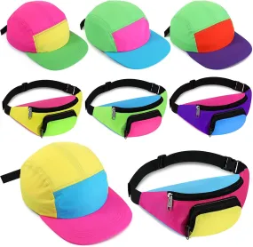 Cindeer 8 Pcs 80s 90s Neon Fanny Pack Hat Nylon Cap Retro Adjustable Cap Waist Bag Set Bulk for Women Men Halloween Summer Travel Party Outfit Hip Hop Costumes Holiday Festival
