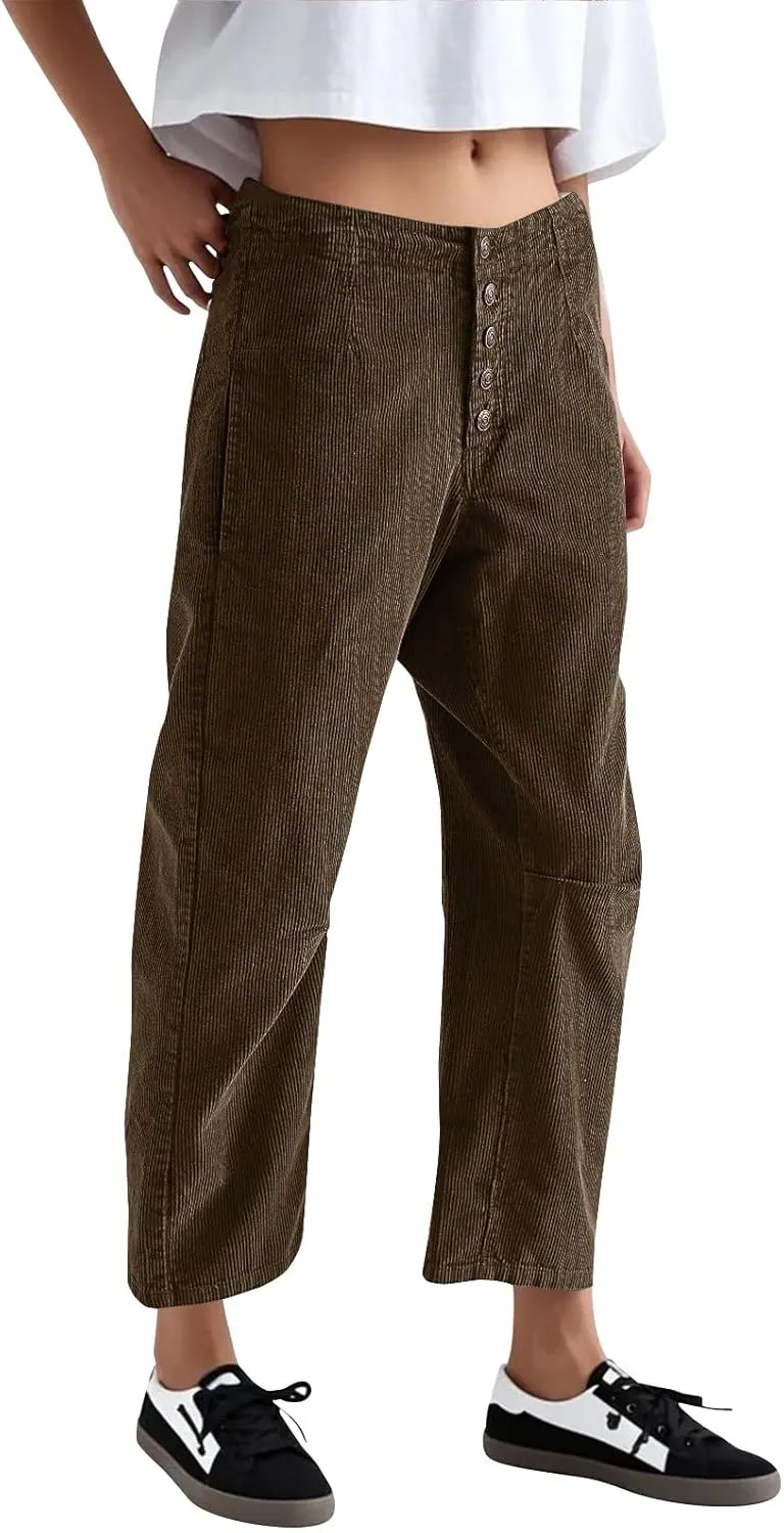 Corduroy Pants Women Button Barrel Low Rise Pants Cropped Casual Pants Wide Leg Snkle Pants Stretchy Trouser with Pocket