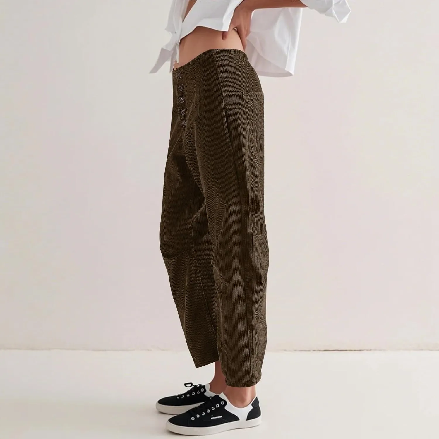 Corduroy Pants Women Button Barrel Low Rise Pants Cropped Casual Pants Wide Leg Snkle Pants Stretchy Trouser with Pocket