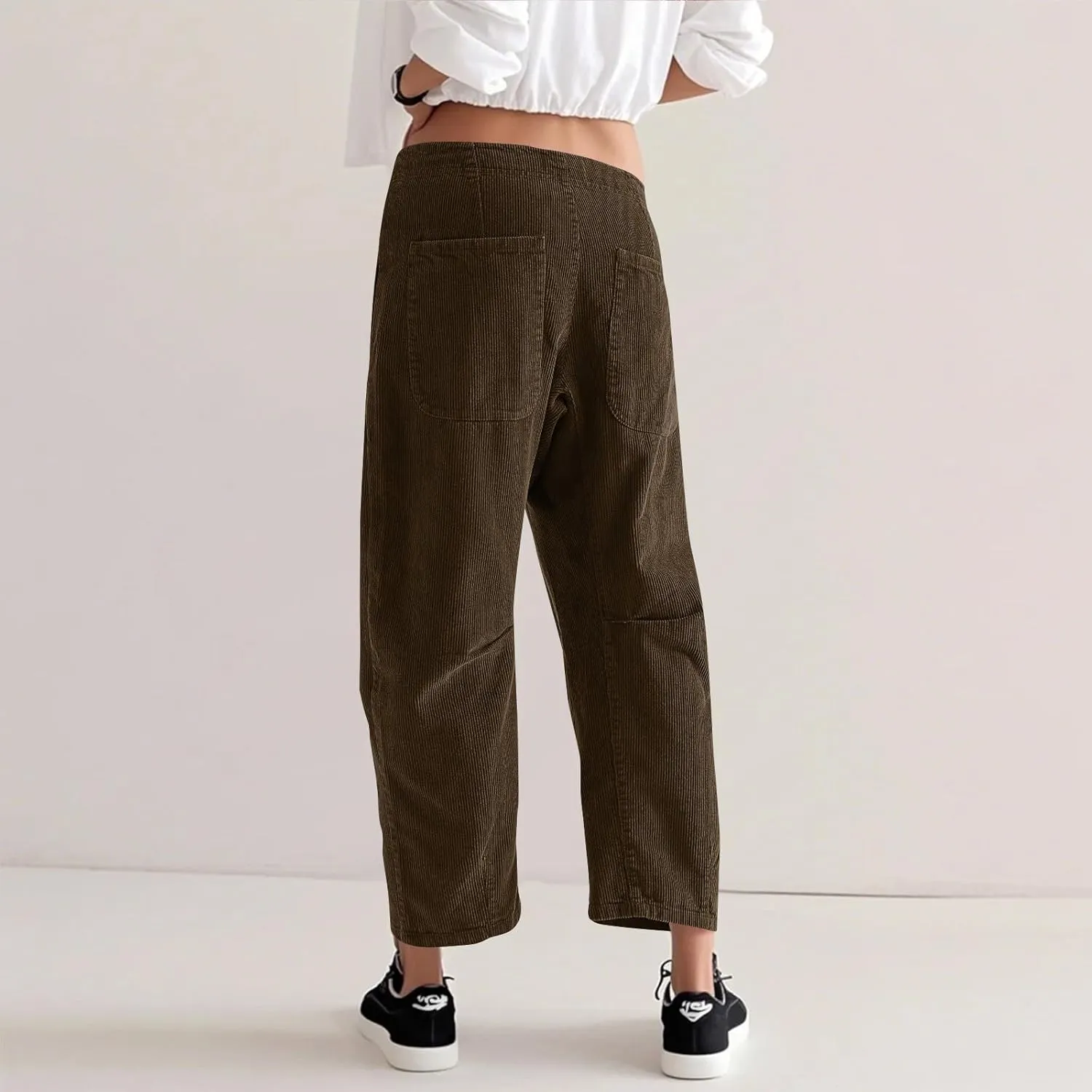 Corduroy Pants Women Button Barrel Low Rise Pants Cropped Casual Pants Wide Leg Snkle Pants Stretchy Trouser with Pocket