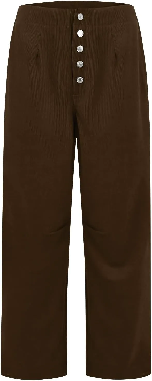 Corduroy Pants Women Button Barrel Low Rise Pants Cropped Casual Pants Wide Leg Snkle Pants Stretchy Trouser with Pocket