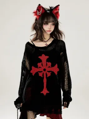 Cutout Ripped Loose Summer Knit Dark Print Black