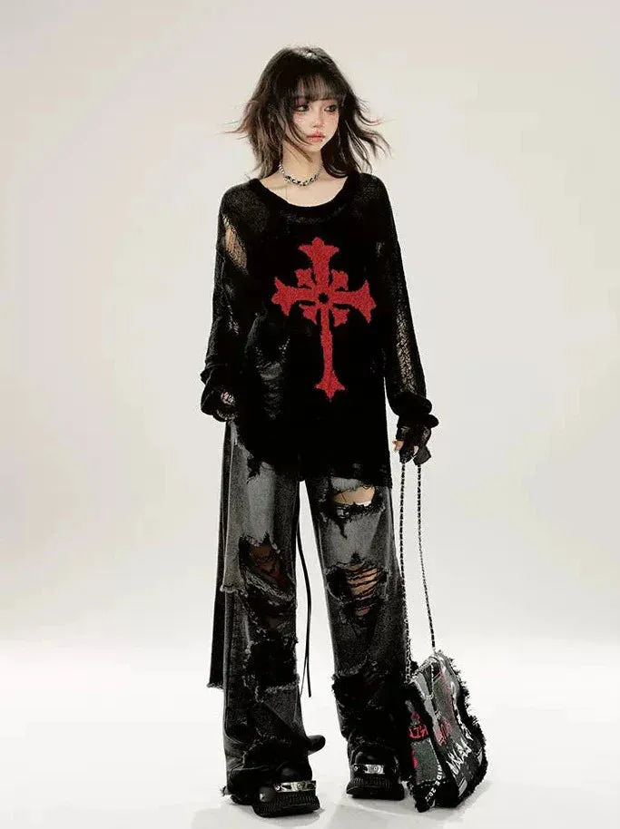 Cutout Ripped Loose Summer Knit Dark Print Black