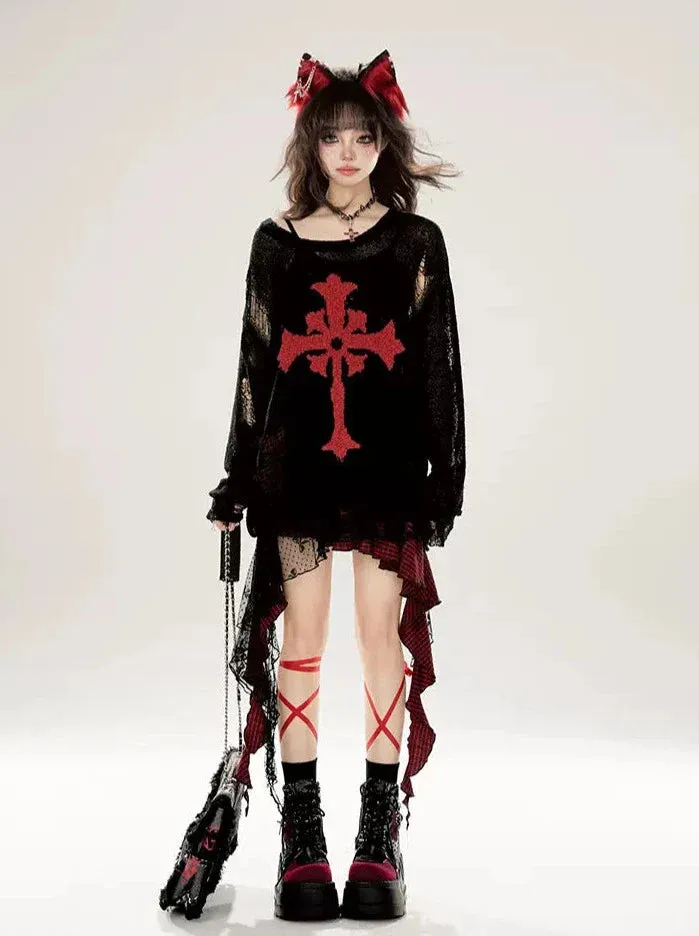 Cutout Ripped Loose Summer Knit Dark Print Black
