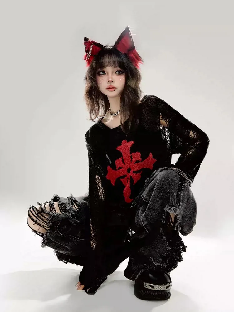 Cutout Ripped Loose Summer Knit Dark Print Black