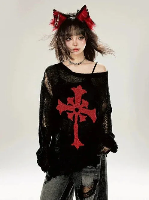 Cutout Ripped Loose Summer Knit Dark Print Black