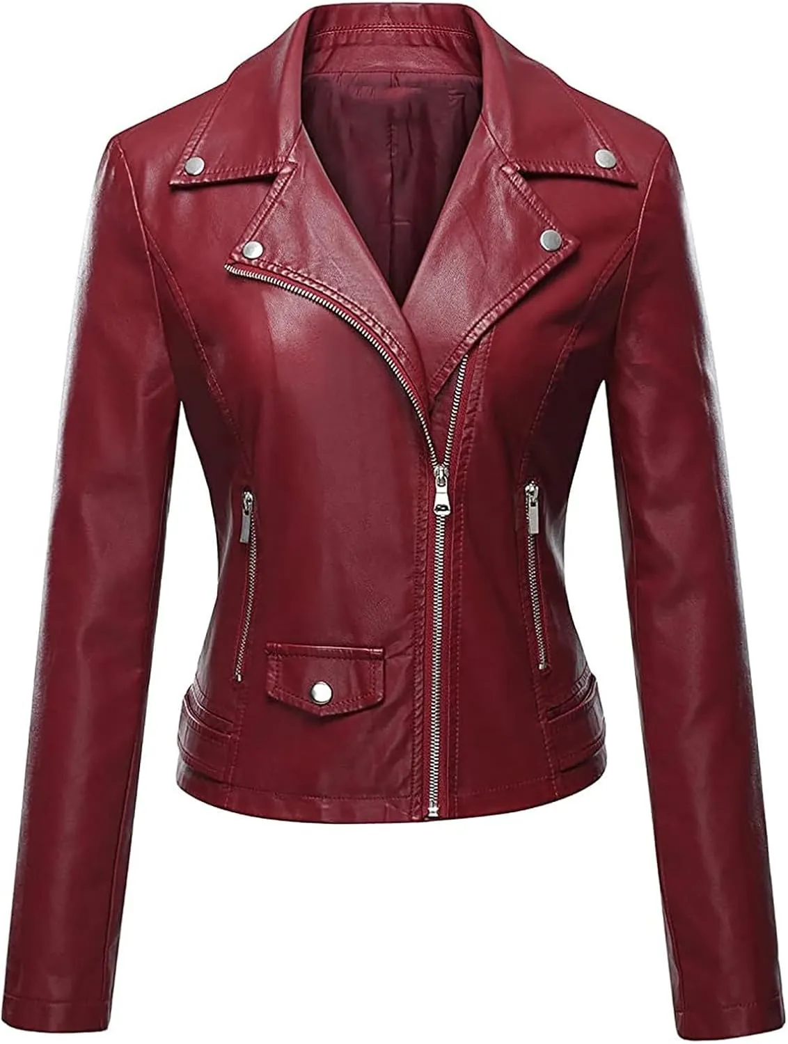 Deals Today Womens Faux Leather Jackets Long Sleeve Lapel Zip Slim Fit Cropped Jacket Motorcycle Biker Coat with Zipper Pockets Wine X-Large