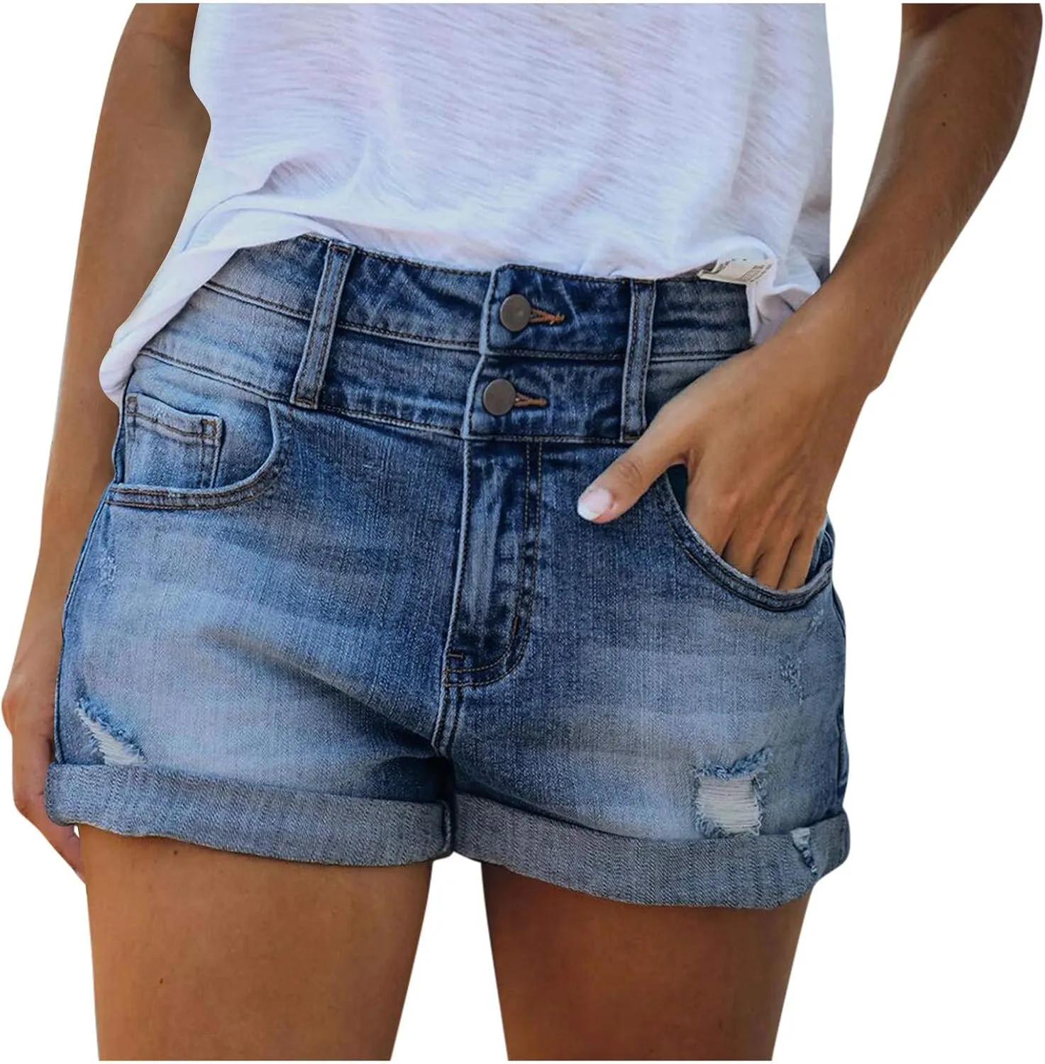 Denim Shorts for Women High Waisted Plus Size Stretchable Fashionable Ripped Mom Jean Shorts Solid Folded Hem Slim Shorts Womens Shorts for Summer Dressy