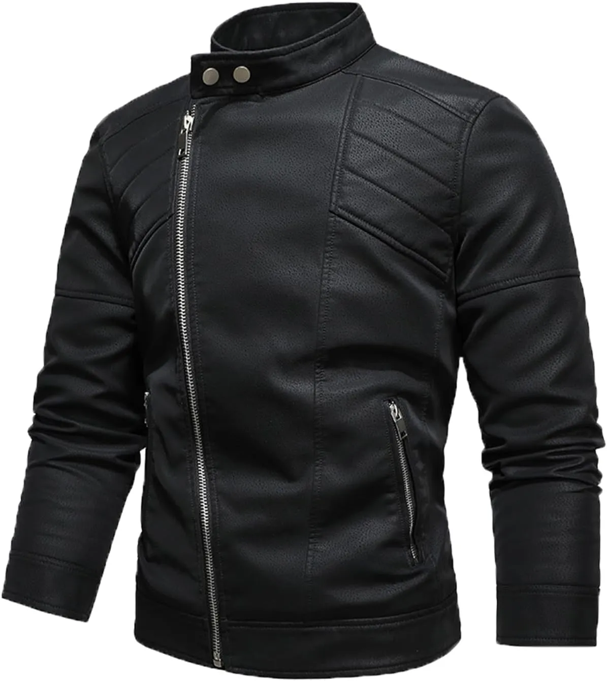 Dgoopd Faux Leather Jacket Men Fleece Lined Motorcycle Jacket Stand Collar Moto Jacket Zip up Biker Jacket Retro Leather Coat
