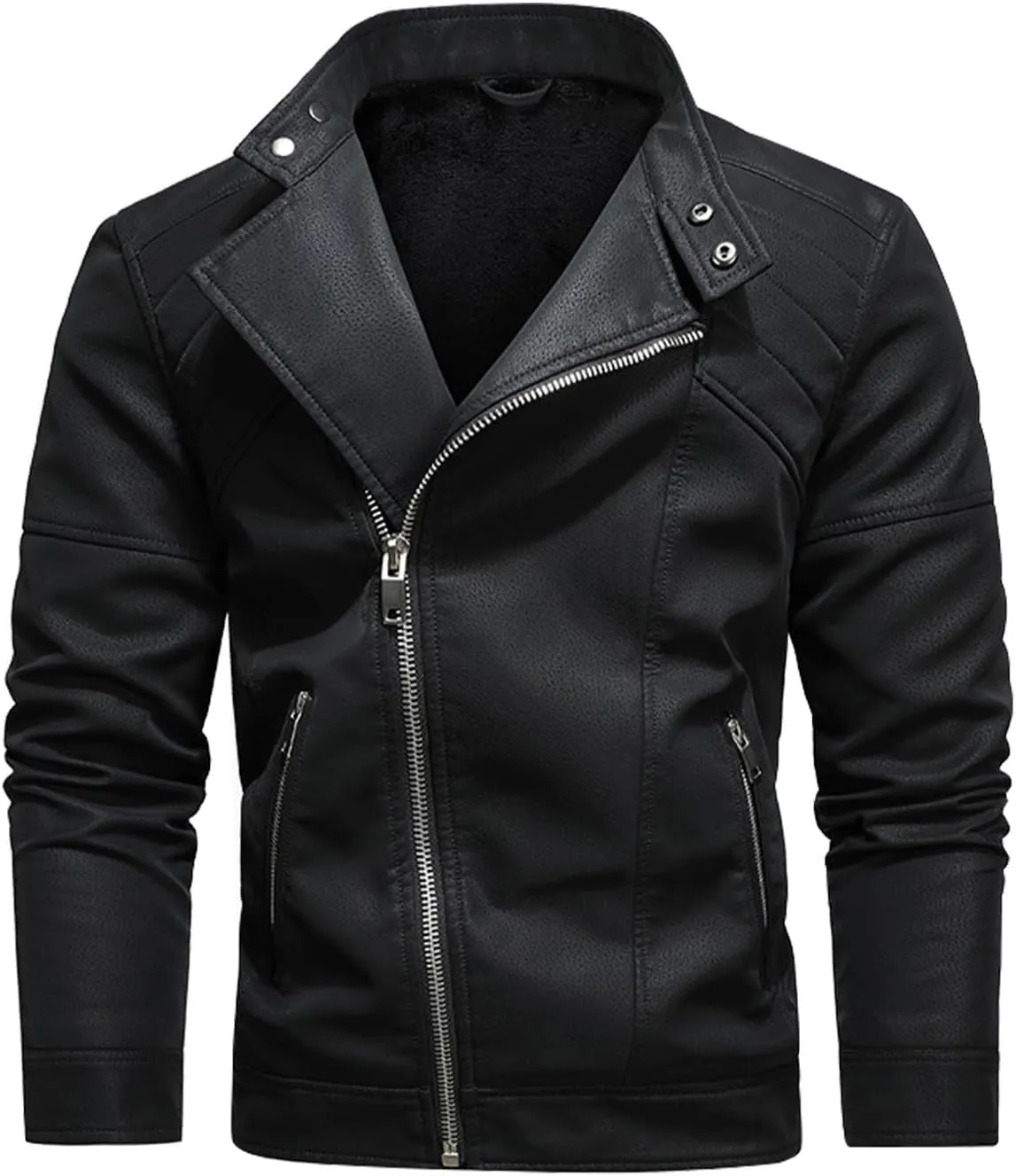 Dgoopd Faux Leather Jacket Men Fleece Lined Motorcycle Jacket Stand Collar Moto Jacket Zip up Biker Jacket Retro Leather Coat