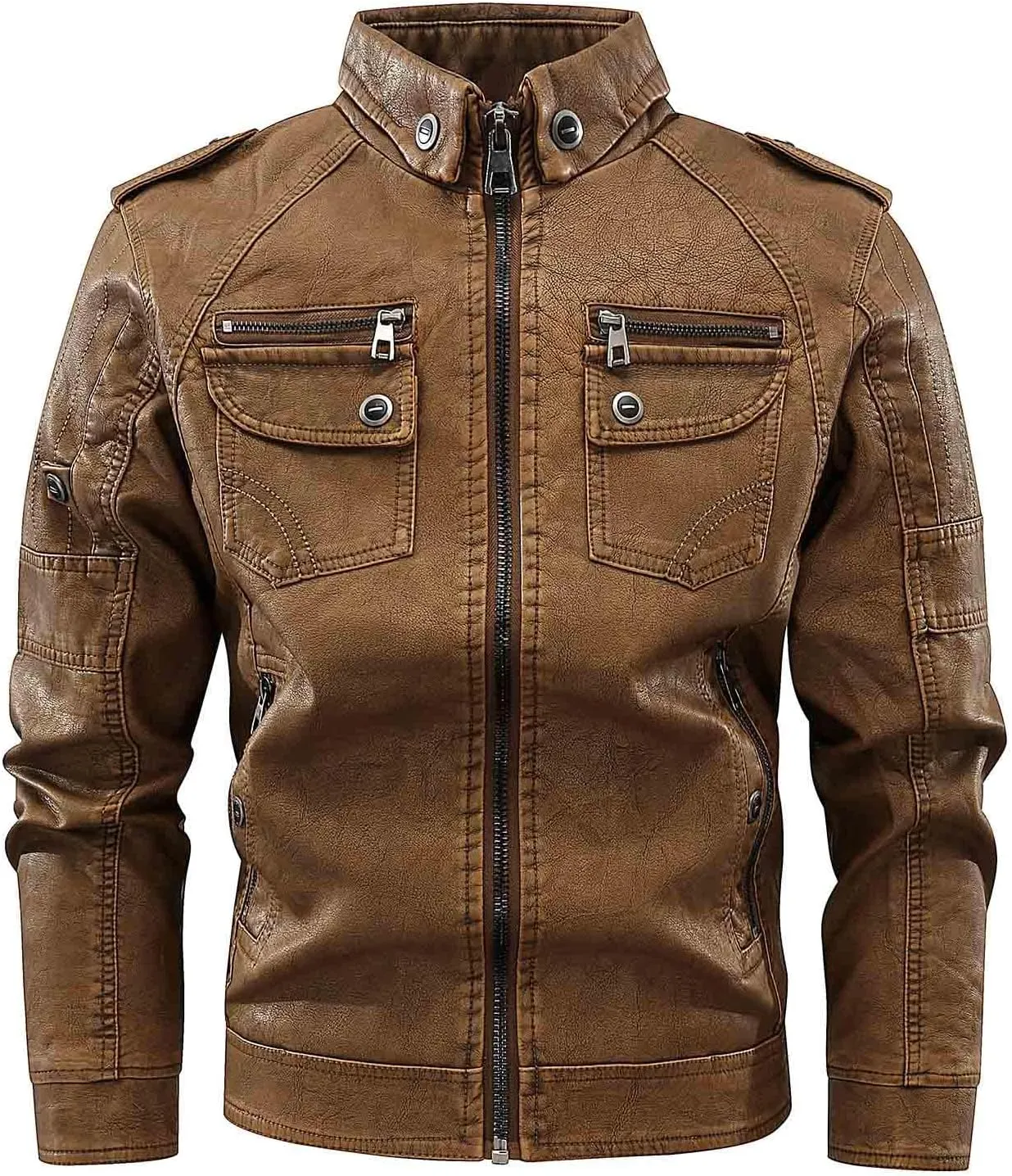 Dgoopd Men Leather Jacket Stand Collar Moto Jacket Vintage Motorcycle Jacket Zip up Faux Leather Jacket Casual Biker Jacket