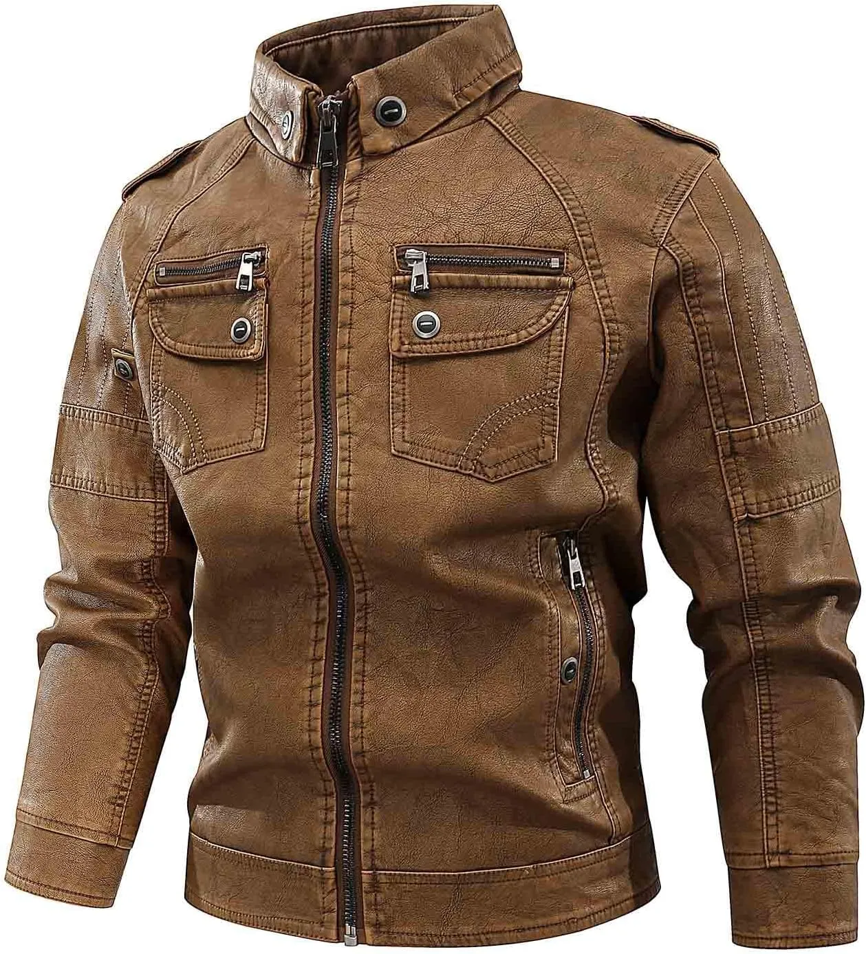 Dgoopd Men Leather Jacket Stand Collar Moto Jacket Vintage Motorcycle Jacket Zip up Faux Leather Jacket Casual Biker Jacket