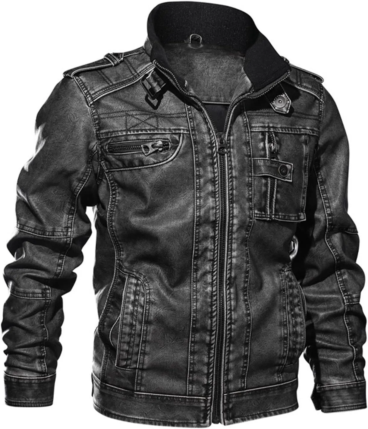 Dgoopd Mens Leather Jacket Stand Collar Moto Jacket Zip up Faux Leather Jacket Vintage Motorcycle Jacket Casual Biker Jacket