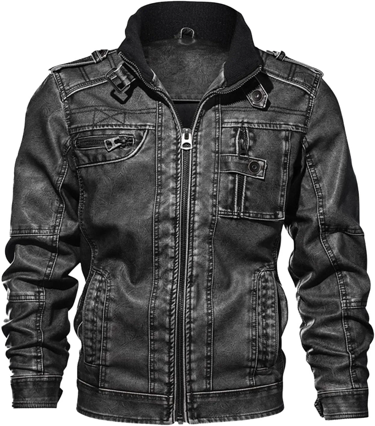 Dgoopd Mens Leather Jacket Stand Collar Moto Jacket Zip up Faux Leather Jacket Vintage Motorcycle Jacket Casual Biker Jacket