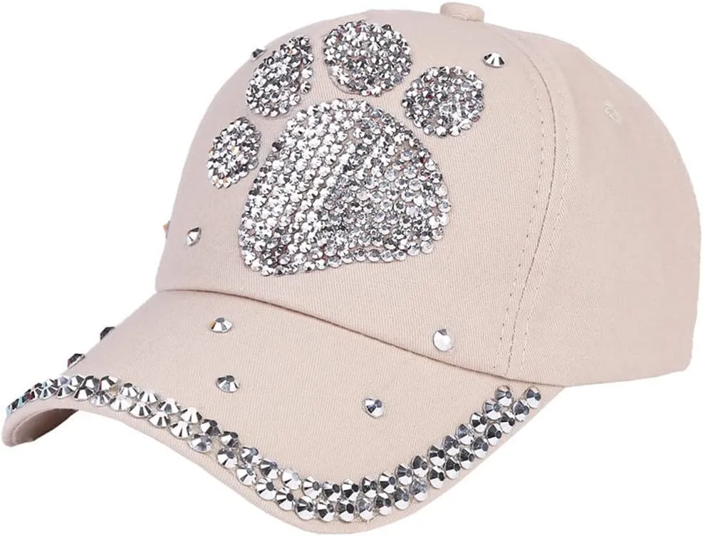 ECYC Ltd Baseball Cap Adjustable Bling Paw Shaped Rhinestone Crystal Baseball Hat Cotton Breathable Hat for Women Men