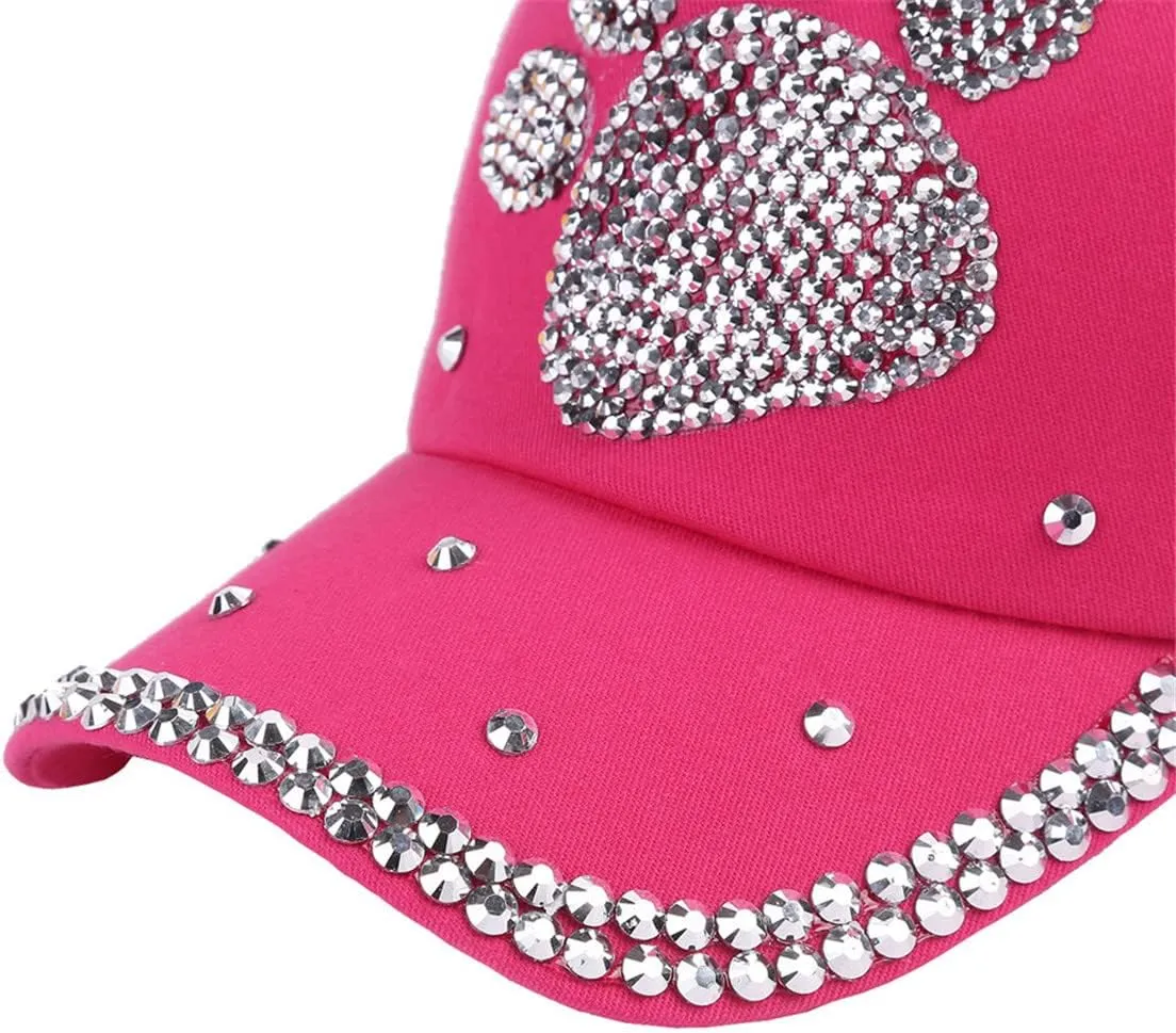 ECYC Ltd Baseball Cap Adjustable Bling Paw Shaped Rhinestone Crystal Baseball Hat Cotton Breathable Hat for Women Men