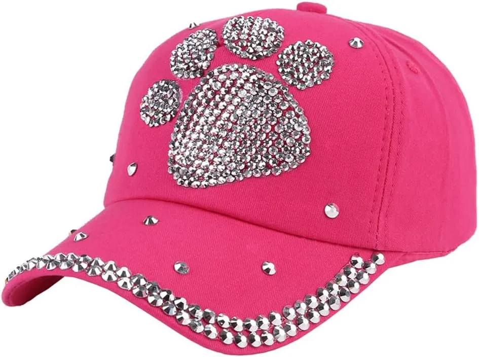 ECYC Ltd Baseball Cap Adjustable Bling Paw Shaped Rhinestone Crystal Baseball Hat Cotton Breathable Hat for Women Men