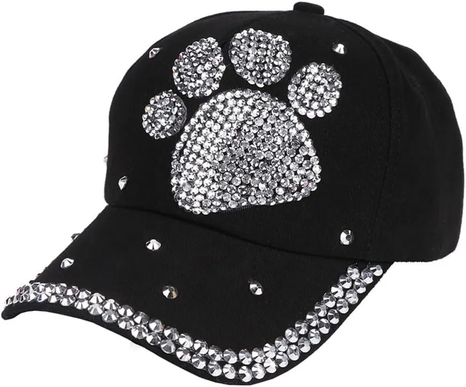 ECYC Ltd Baseball Cap Adjustable Bling Paw Shaped Rhinestone Crystal Baseball Hat Cotton Breathable Hat for Women Men