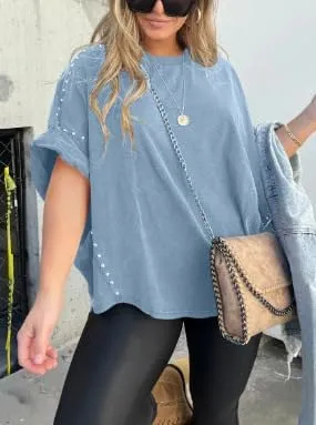 Fronage Women's Loose Cotton Crewneck T-Shirt Batwing Short Sleeve Casual Summer Studded Blouse Tops