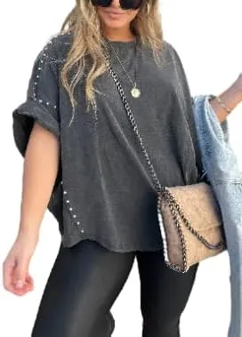 Fronage Women's Loose Cotton Crewneck T-Shirt Batwing Short Sleeve Casual Summer Studded Blouse Tops
