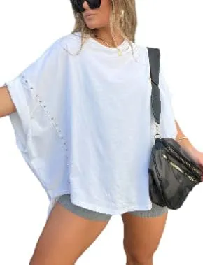 Fronage Women's Loose Cotton Crewneck T-Shirt Batwing Short Sleeve Casual Summer Studded Blouse Tops
