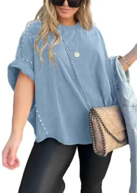 Fronage Women's Loose Cotton Crewneck T-Shirt Batwing Short Sleeve Casual Summer Studded Blouse Tops