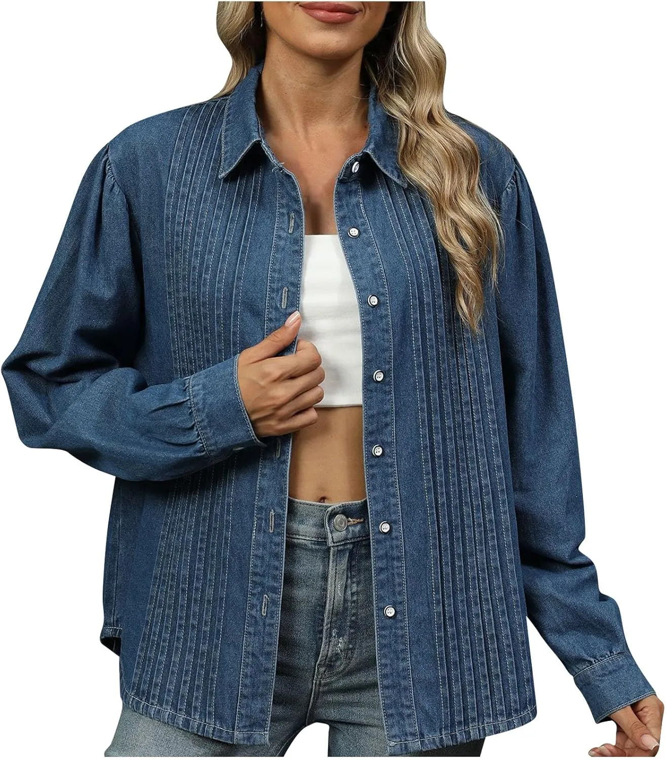 HGps8w Women's Pleated Denim Jackets Loose Lapel Button Down Long Sleeve Trucker Coat Outwear with Pockets