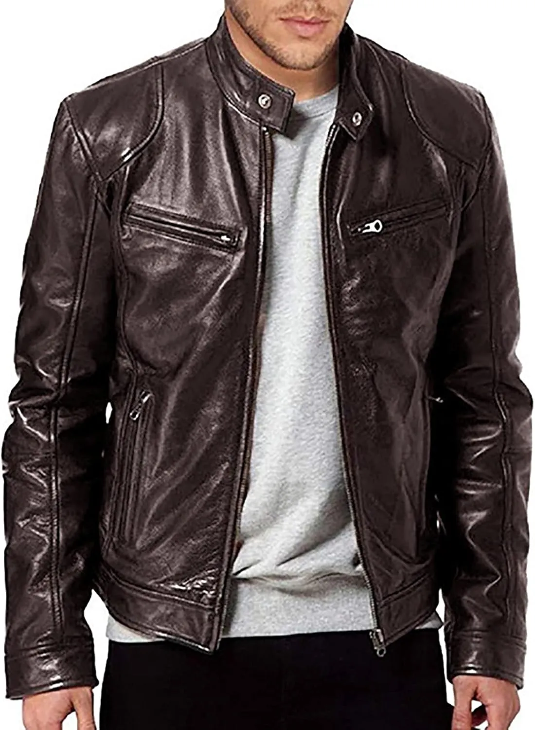 Leather Jacket Men Big And Tall Zip Up Stand Collar Jackets Cool Faux Leather Motocycle Coats Casual Stylish Outwear