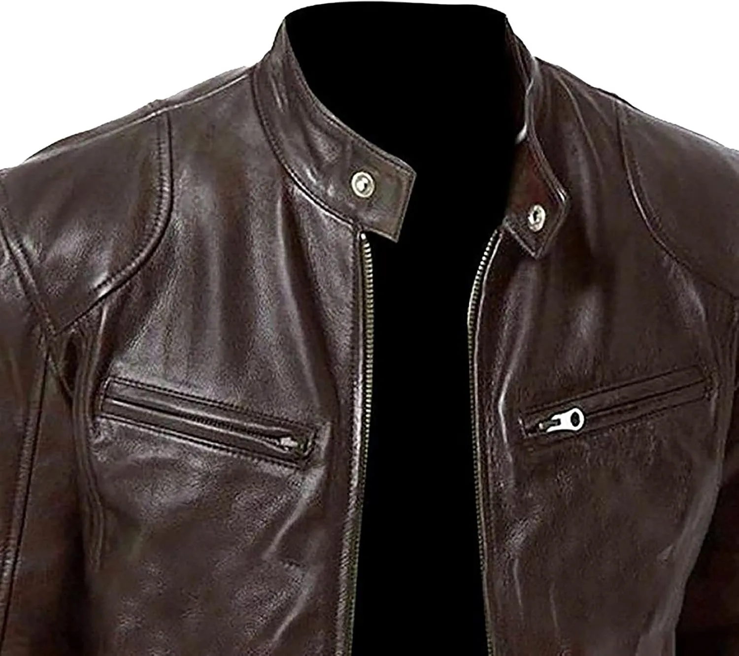 Leather Jacket Men Big And Tall Zip Up Stand Collar Jackets Cool Faux Leather Motocycle Coats Casual Stylish Outwear