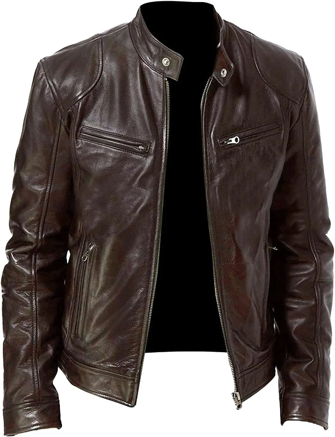 Leather Jacket Men Big And Tall Zip Up Stand Collar Jackets Cool Faux Leather Motocycle Coats Casual Stylish Outwear