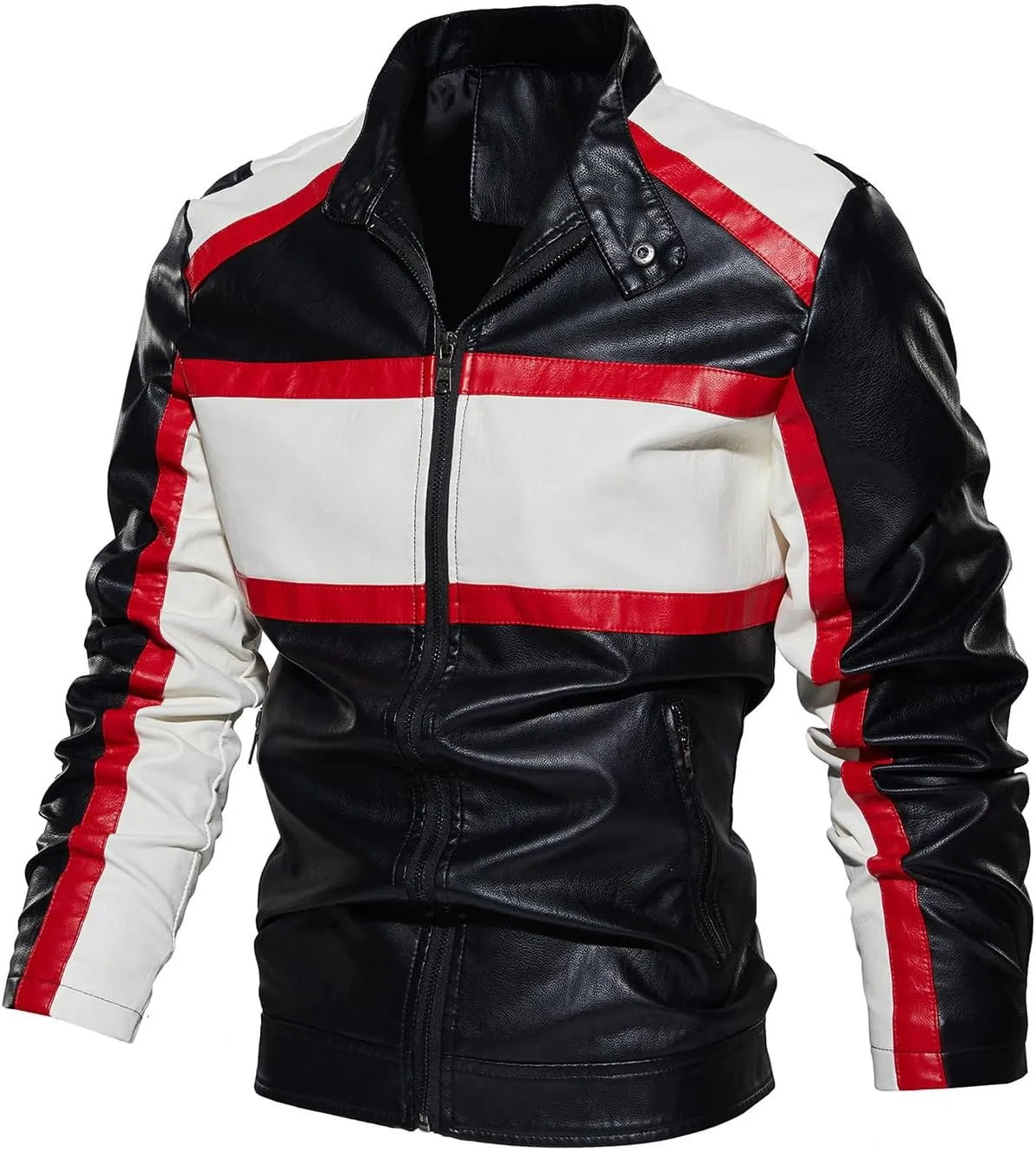 Leather Jacket Men Color Block Motorcycle Jacket Waterproof Biker Jacket Zip up PU Leather Moto Jacket Winter Coat