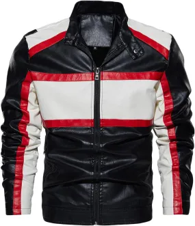 Leather Jacket Men Color Block Motorcycle Jacket Waterproof Biker Jacket Zip up PU Leather Moto Jacket Winter Coat