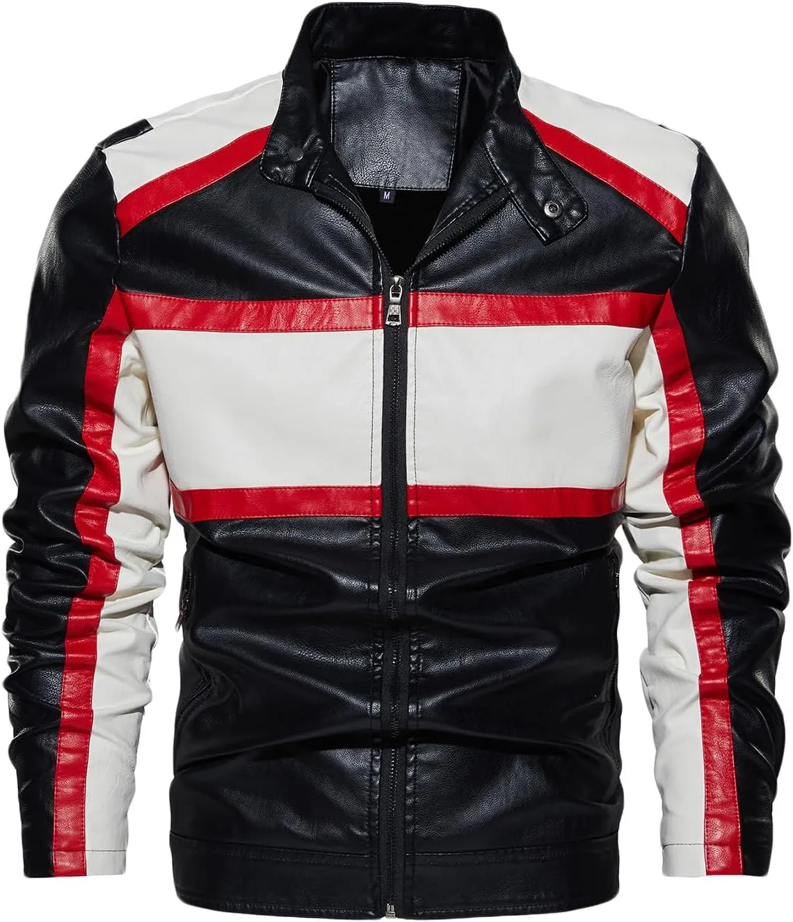 Leather Jacket Men Color Block Motorcycle Jacket Waterproof Biker Jacket Zip up PU Leather Moto Jacket Winter Coat