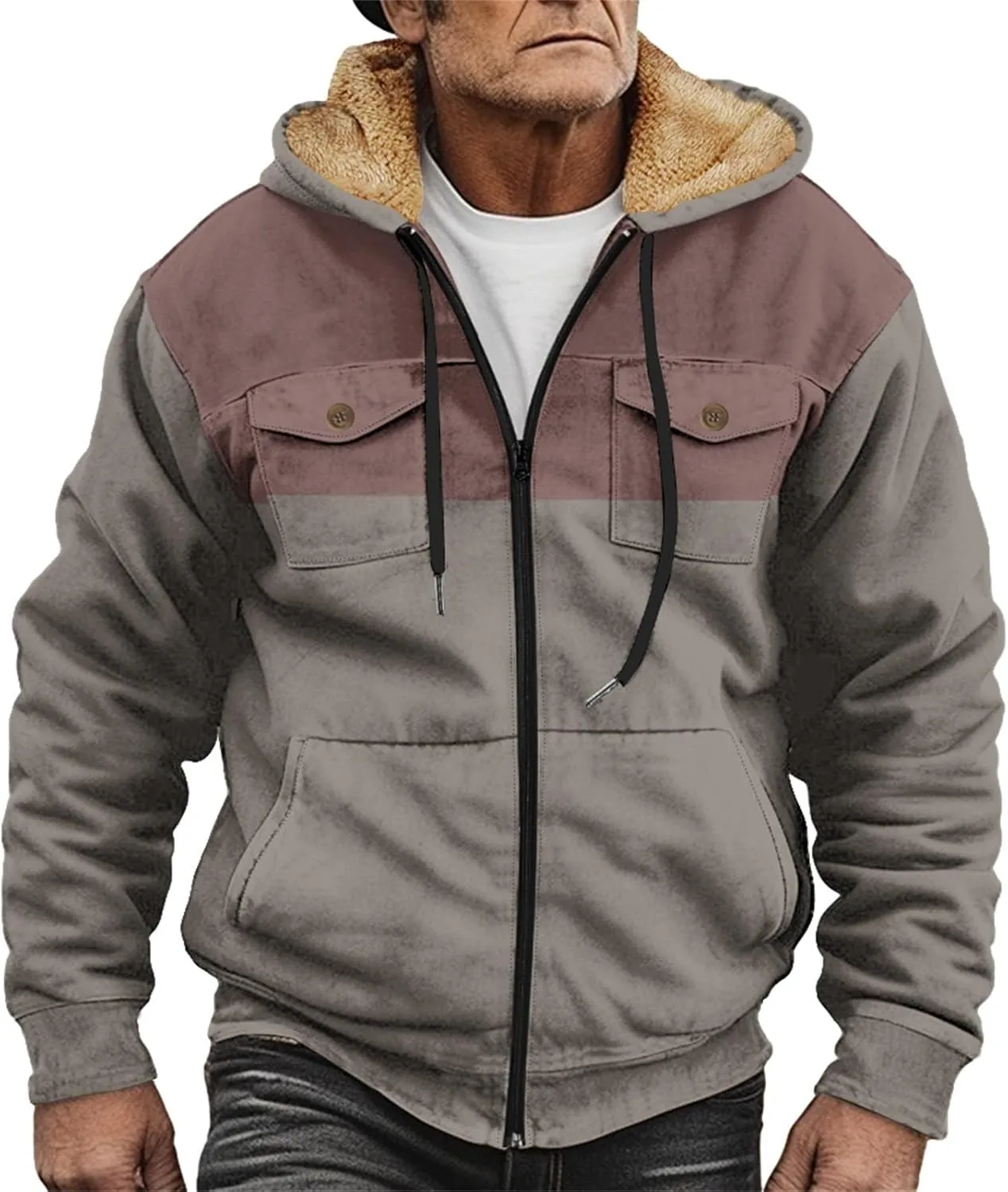 Mens Fleece Jacket Winter Warm Zip Up Hoodie Fuzzy Sherpa Lined Jacket Casual Heavyweight Thick Hooded Coat Outerwear