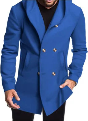 Mens Mid Long Hooded Coat Trench Coat Fleece Lining Wool Blend Cardigan Jacket Business Casual Fashion Overcoat
