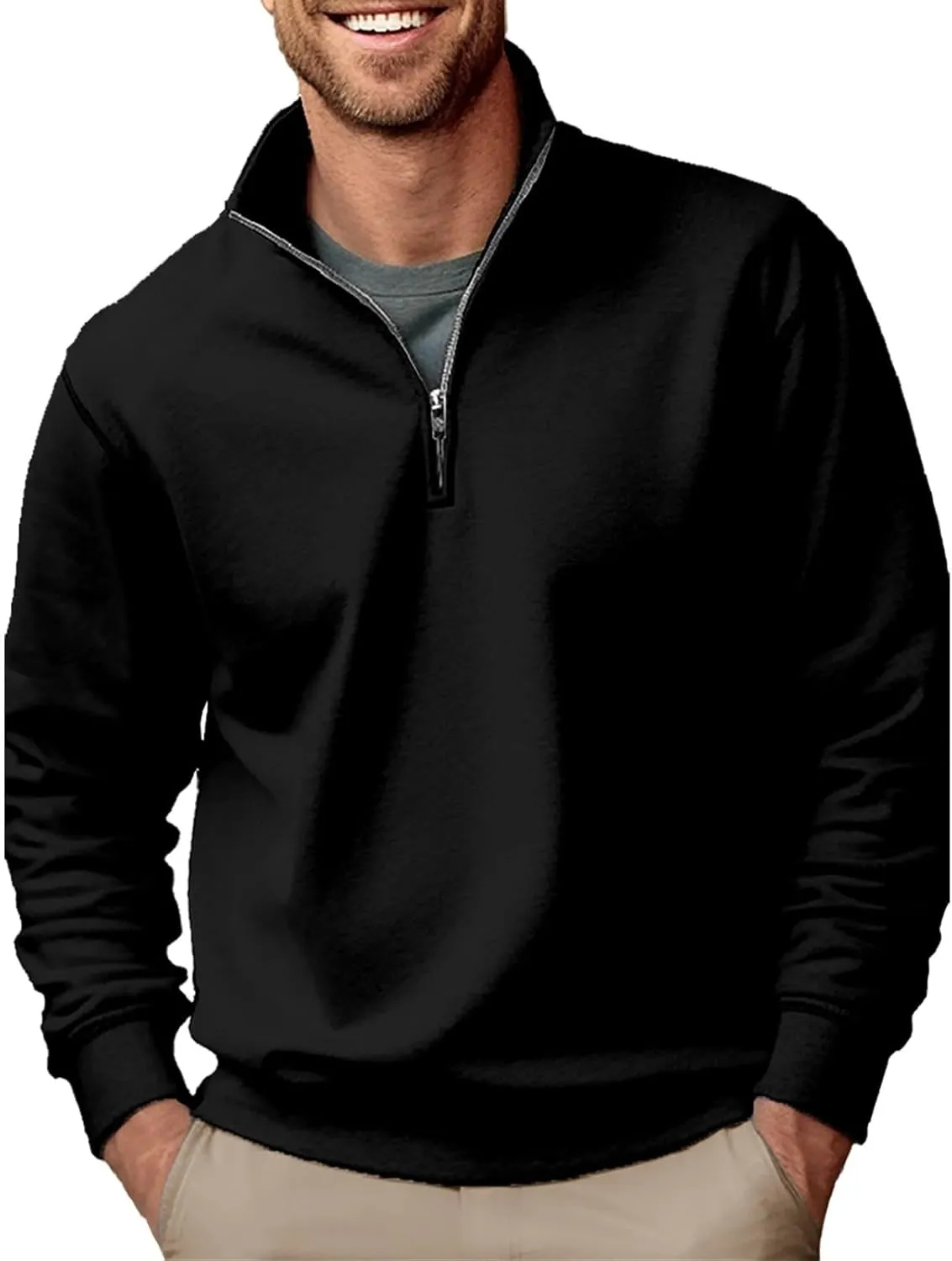 Mens Quarter Zip Up Pullover Solid Color Thermal Sweater Stand Collar Sweatshirts Premium Fleece Lined Long Sleeve