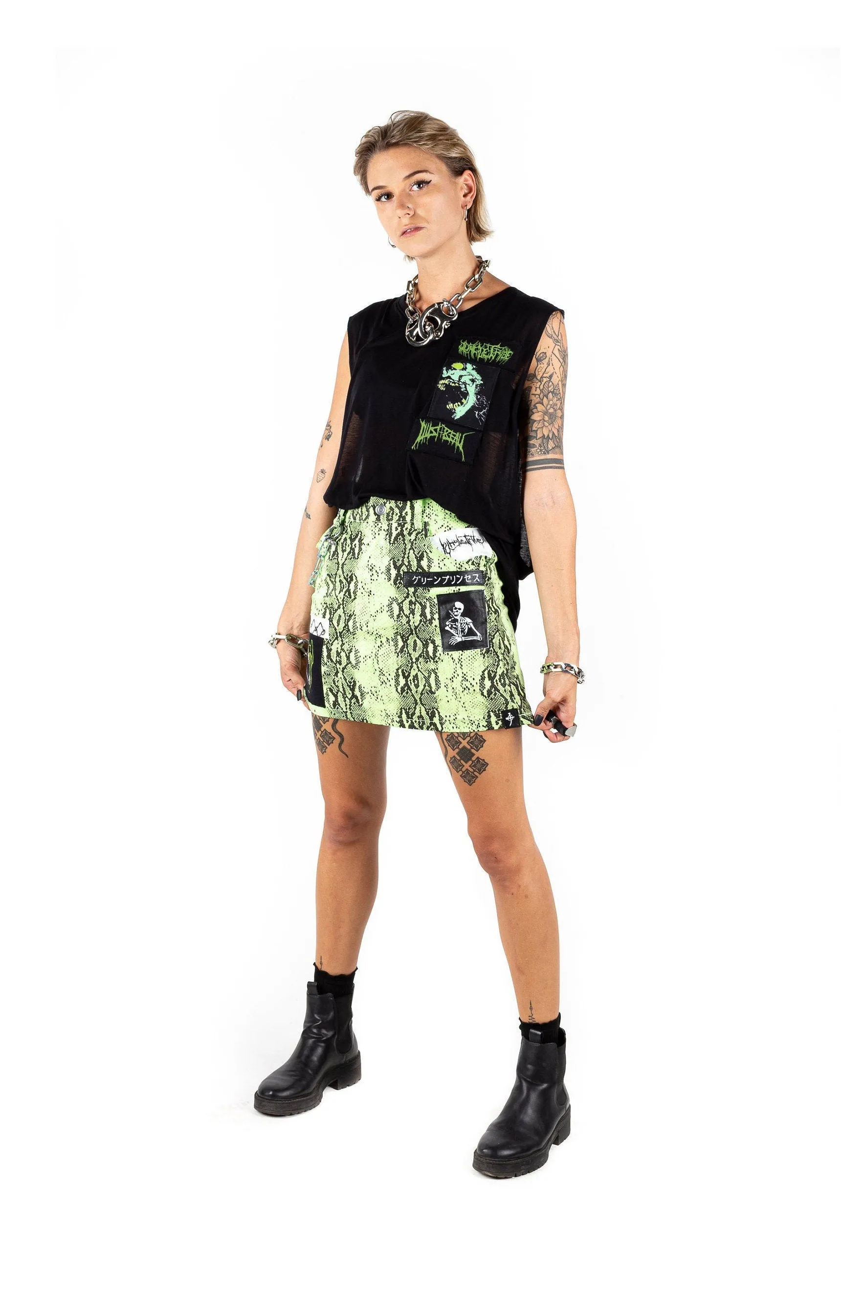 Neon Viper Skull Mini Skirt w/ Chain New
