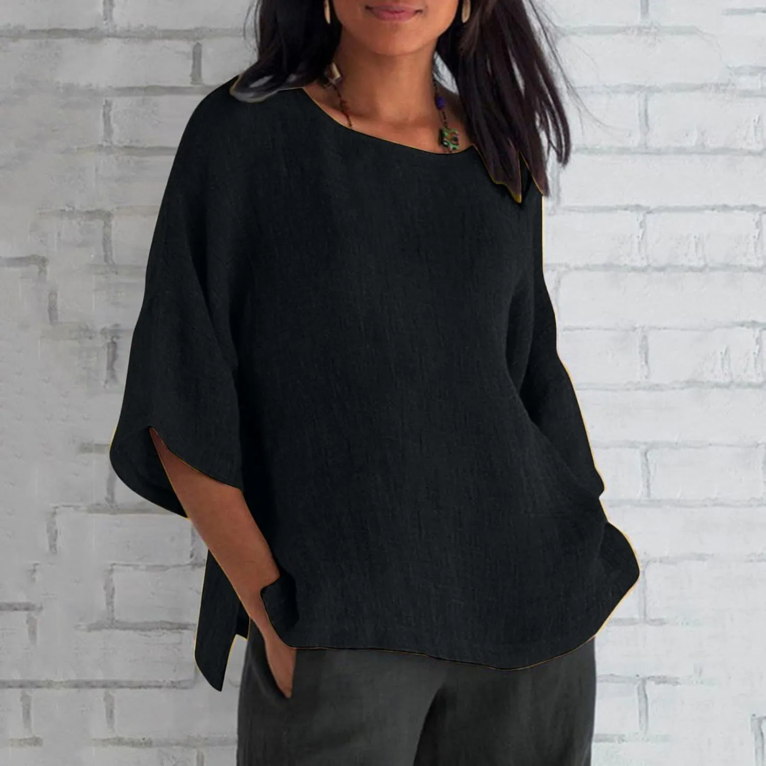 Oversized Cotton Linen Shirts for Women 2023 Summer Casual Half Sleeve Crewneck Tunic Tops Loose Comfy Basic Blouse